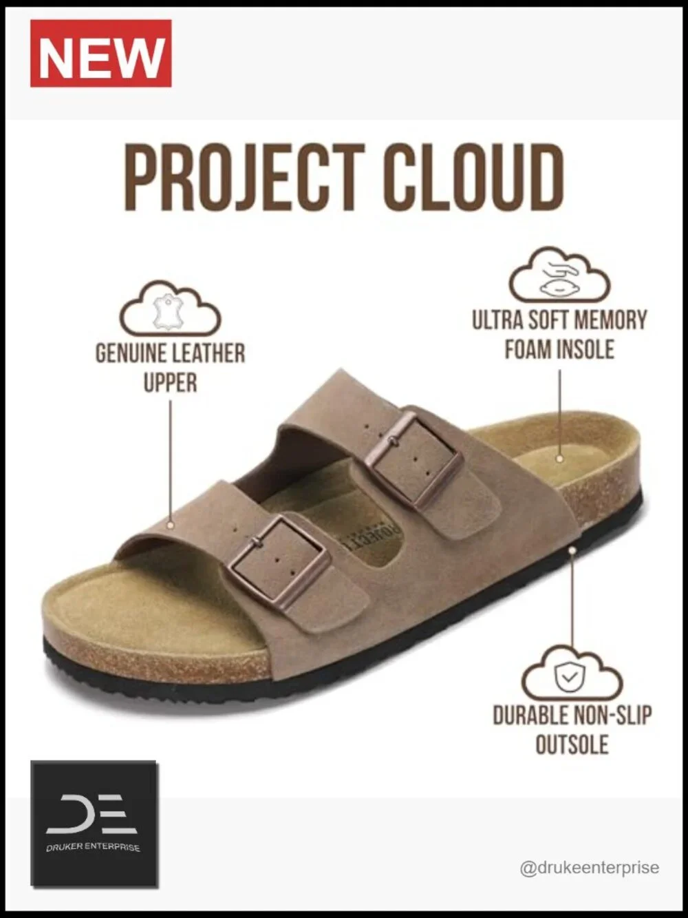 Genuine Leather Sandals with Memory Foam Insole Cork Footbed Non-Slip Slide